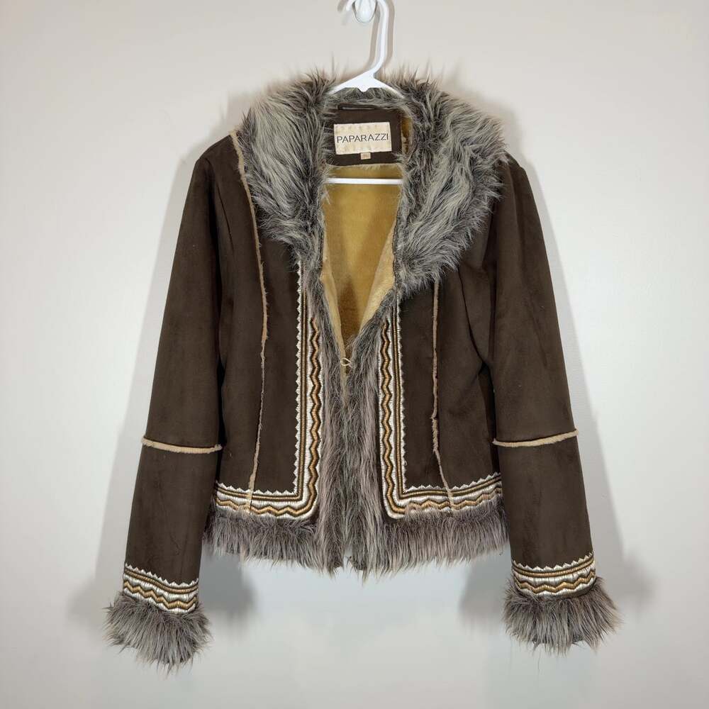 Paparazzi Brown Faux Suede Fur Trim Jacket Women's XL Embroidered Boho